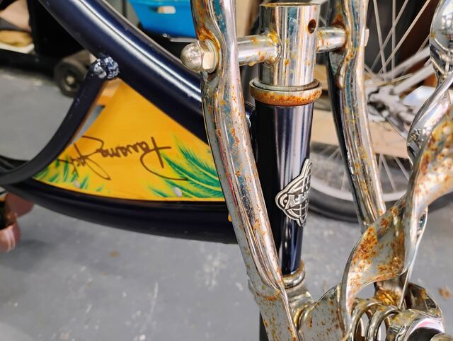 Twisted chrome fork legs meeting a pinstriped head tube